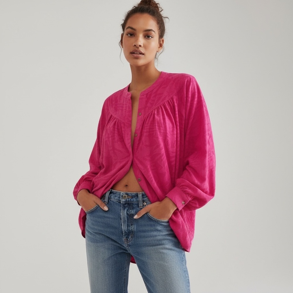 $128 Free People Women's Sz M Can't Stop Dreaming Hot Pink Swing Tunic Top